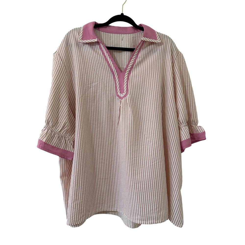 Paisley Grace Pink Seersucker Striped Ruffle Sleeve Top 3XL Preppy Beachy
